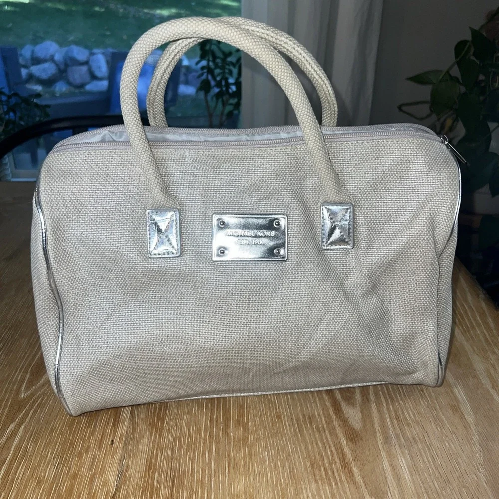 MICHAEL‎ KORS Tote Beige Canvas Silver Shimmer Satchel Bag Purse